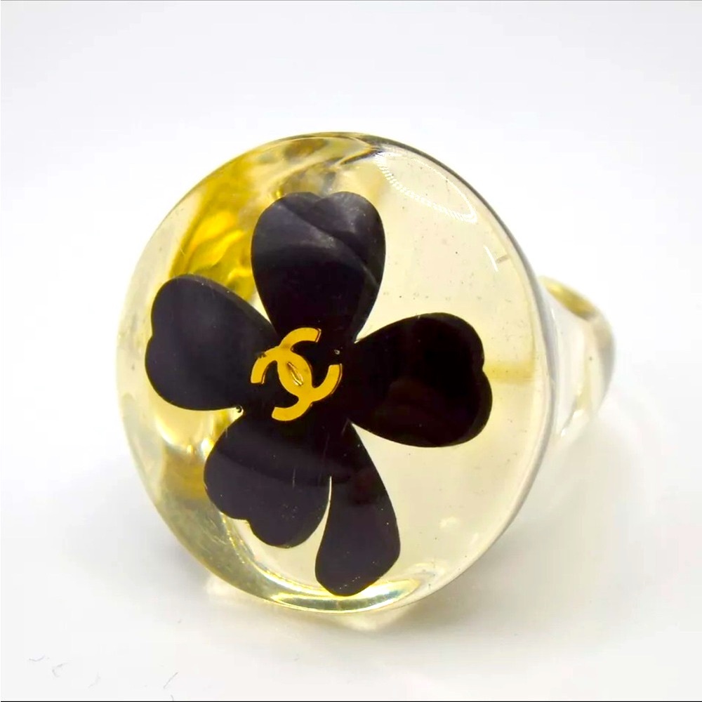 Authentic CHANEL Gold Plated Clover Logo Acrylic Ring Clear Size 6.5-7